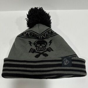 Metal Mulisha Gray and Black Skull Beanie with Pom-Pom